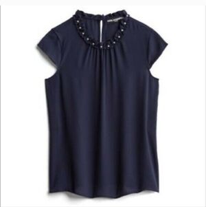 Karl Lagerfeld Davignon Pearl Neckline Semi Sheer Blouse Navy XS